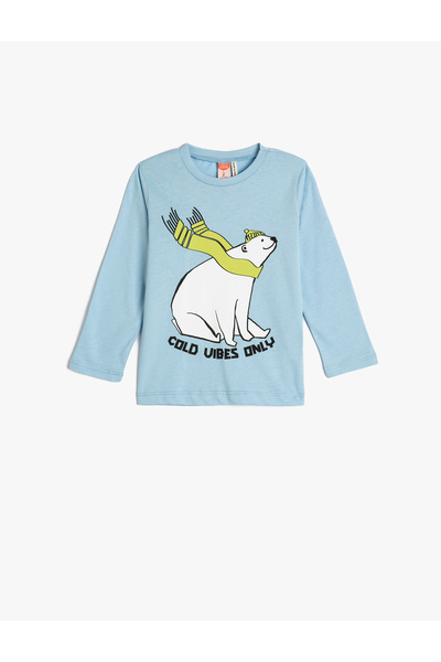Koton Tişört Uzun Kollu Bisiklet Yaka Kutup Ayısı Baskılı Pamuklu