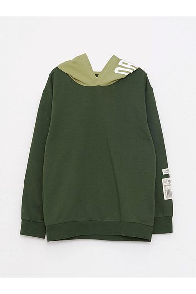 LC Waikiki Lcw Kids Green Hooded Printed Long Sleeve Boys Sweatshirt