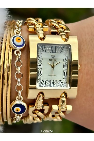 Fiesta Rectangle Rhinestone Yellow Case,Gold Yellow Steel Chain Cord Engagement Wedding Bridal Wristwatch Bracelet