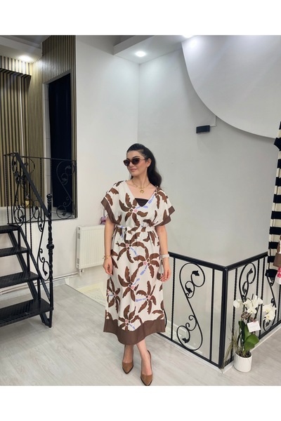 Butik Kahveli beyazlı çiçekli kuşaklı elbise