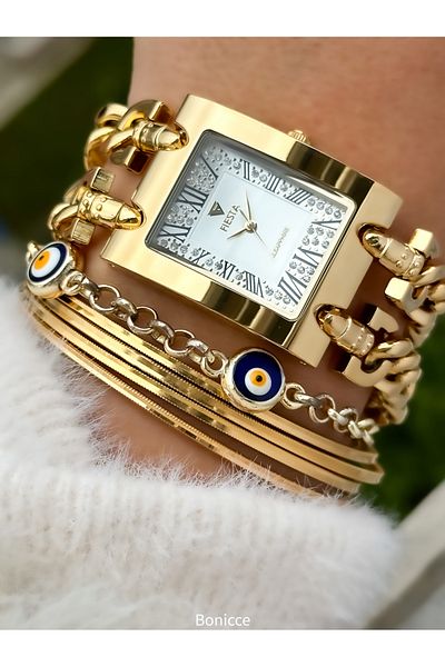Fiesta Rectangular Rhinestone Case, Gold Yellow Steel Chain Cord Bridal Engagement Wedding Bridal Wristwatch Bracelet