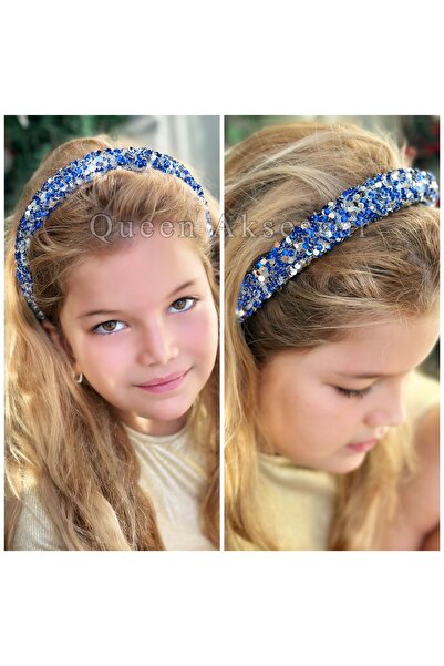 Queen Nelly Detaliu de piatră strălucitoare - Saks Blue Navy Blue Coroană pentru femei și copii cu burete bombat cu sclipici