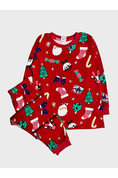 elmas kids Girl's 100% Cotton Red Candy Pine Tree Print New Year's Themed Long Sleeve Pajamas Set