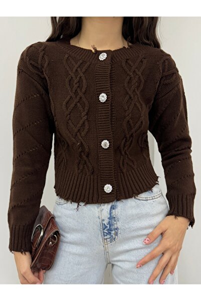 Modamorfo Stone Buttoned Ripped Cropped Cardigan -Brown