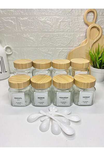 MODA OZY 8'li Bambu Kapaklı Baharat Seti Kaşıklı Etiketli Baharatlık (300ml/5...
