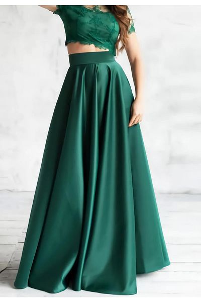 NSMLİFE Emerald Green High Waist Pleated Satin Skirt with Pockets