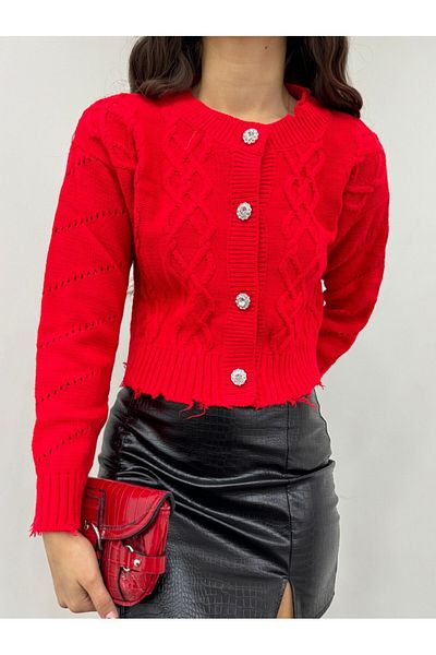 Modamorfo Zerrissene Crop-Strickjacke mit Steinknöpfen – Granatapfelblume
