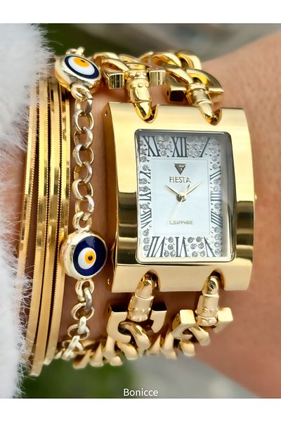 Fiesta Rectangular Rhinestone Case, Gold Yellow Steel Chain Cord Bridal Engagement Wedding Bridal Wristwatch Bracelet