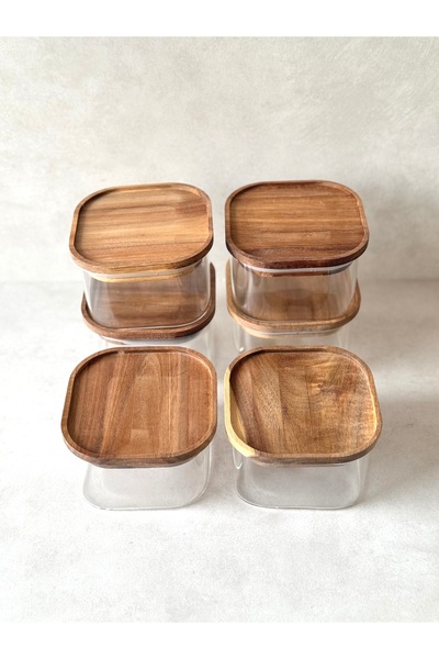 Dekorzdükkan 6-Piece Square Acacia Vacuum Lid Borosilicate Glass Breakfast Set