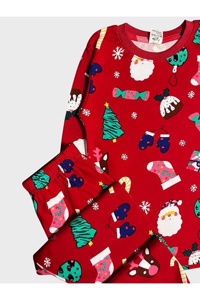 elmas kids Girl's 100% Cotton Red Candy Pine Tree Print New Year's Themed Long Sleeve Pajamas Set