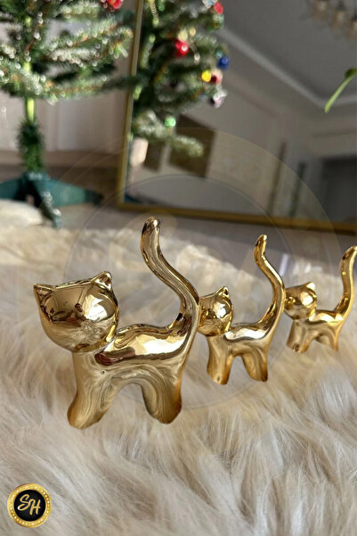 Snow Homs 3 Lü Set Kedi Gold Biblo Dekoratif Sunumluk Dekor