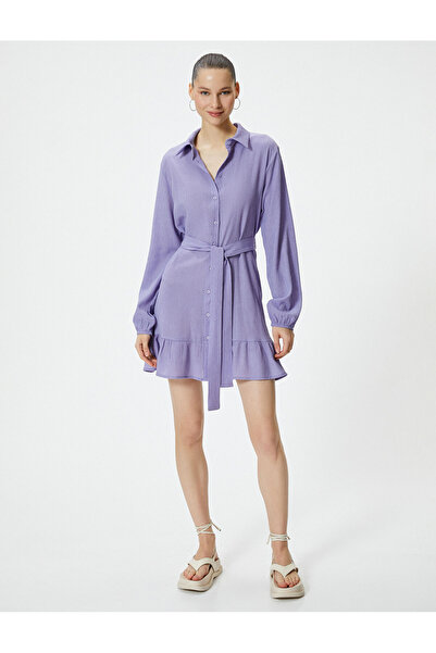 Koton Mini rochie cămașă cu mânecă lungă curea cu detaliu țesătură de viscoză texturată amestecată
