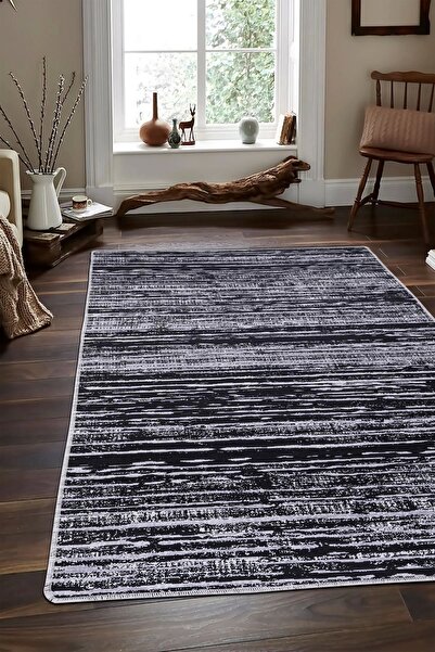 Dijidekor Halı Siyah Gri Cool Ym4700 Yıkanabilir Kesme Ince Yolluk Kilim Salo...