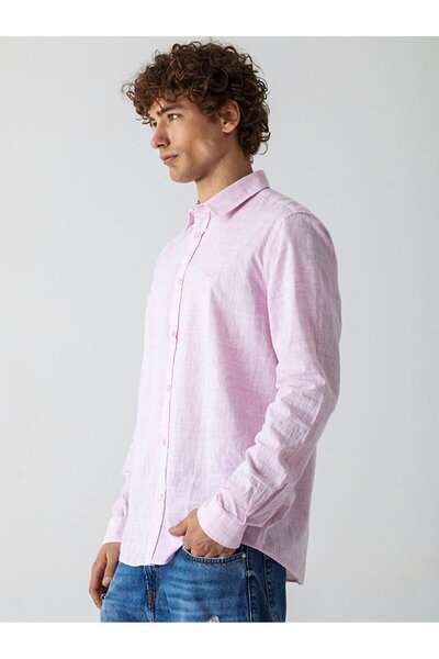Ltb Linen Look Classic Collar Pink Shirt