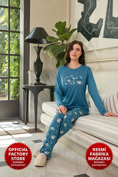 Aydoğan Set pijamale albastru din viscoză - mânecă lungă, decolteu B11-2 - 240632   - Aydogan ®