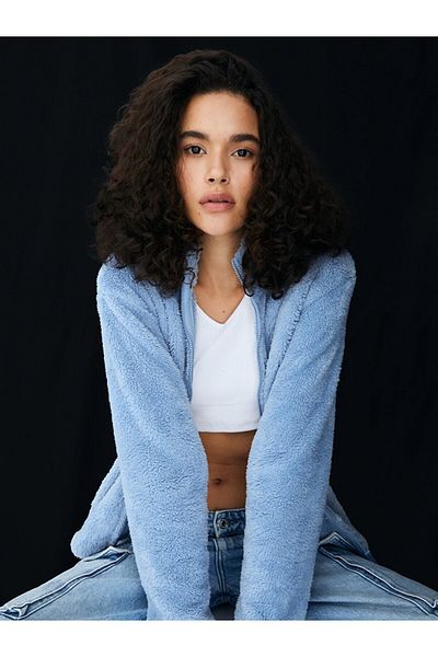 Ltb Plush Zippered Blue Cardigan
