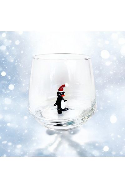 Polonezköy Cam Sanat Merkezi New Year's Glass Cup with Penguin Figure - New Year's Themed Soft Drink Cup with Cute Shape