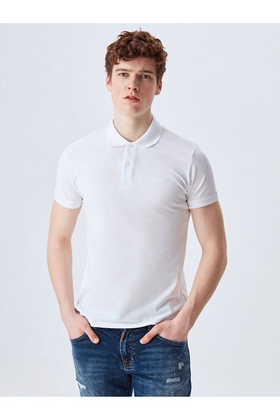Ltb Tricou alb cu mânecă scurtă de bază cu gât polo