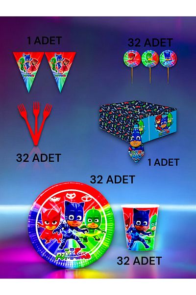 VibeHome Pijamask Themed Premium Set for 32 - Birthday Party and Fun Events
