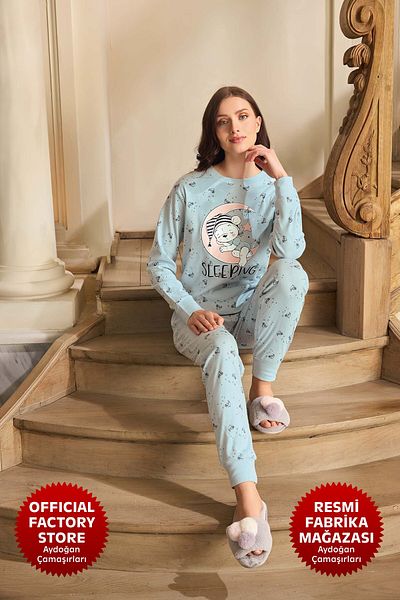 Aydoğan Blue Rib Pajamas Set - Crew Neck, Long Sleeve B8- 240598   Aydogan ®