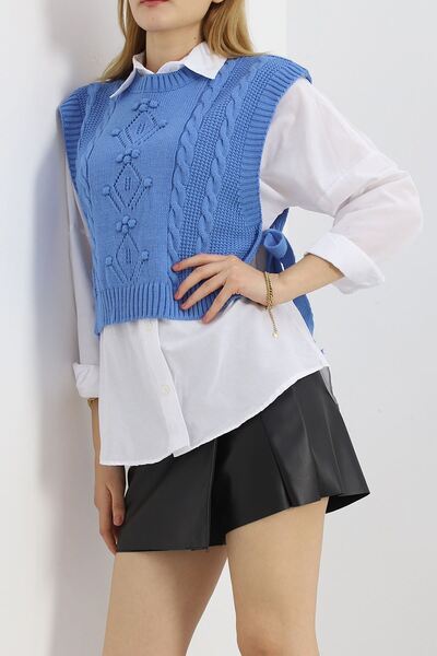 Belle Fusion سترة طرابزون محبوكة ومزخرفة بأربطة جانبية