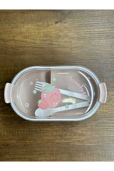 7K Powder Oval Clear Lid Strawberry Patterned Children's Meal Lunch Box Container