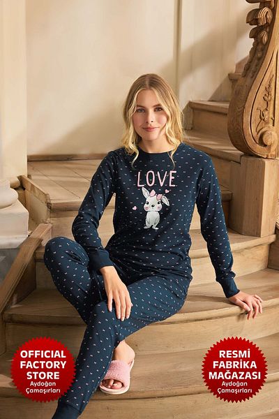 Aydoğan Navy Blue Rib Pajamas Set for Women - Crew Neck, Long Sleeve B7-3 Aydogan ®