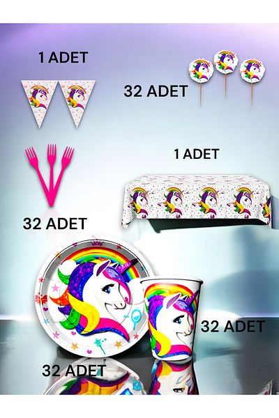 VibeHome 32-Person Unicorn Themed Premium Set - Birthday Party and Fun Events