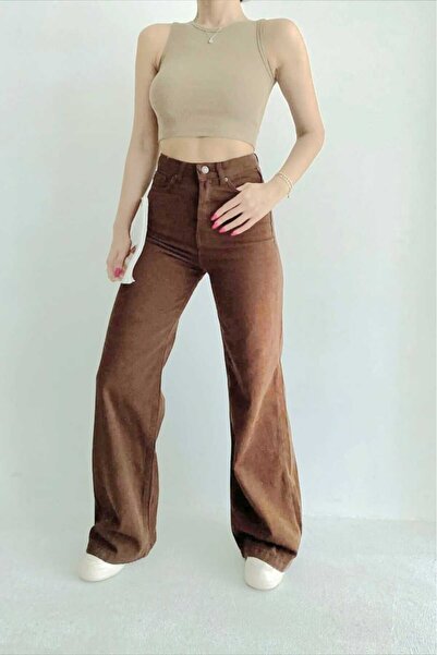 LİMABEL Desss Allstar Ikon Gold Лайкра Коричневі джинси Salas Джинси супер високі штани Лайкра Палаццо