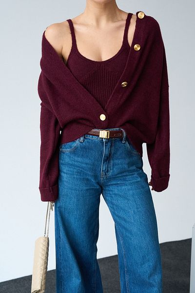 LOOSH Women's Burgundy Crew Neck Gold Buttoned Cardigan - Blouse Set of 2