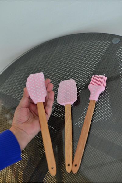 şirin eşyalarım 3-Piece Covered Large Size Bamboo Spatula Set / Pink