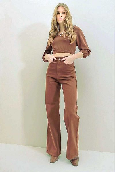 Trn JNS Pantaloni Palazzo cu blugi largi din lycra maro cu talie super inalta. (super Înalt) Picior Lat