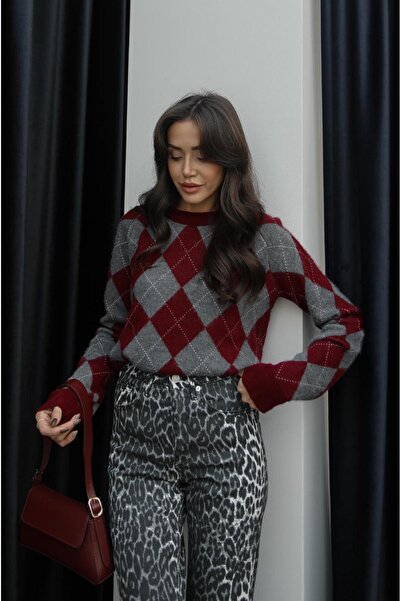 Havoş Bordo Gri Haley Baklava Desenli Kazak