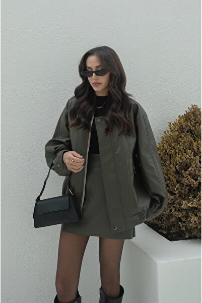 Havoş Khaki Metal Button Leather Jacket