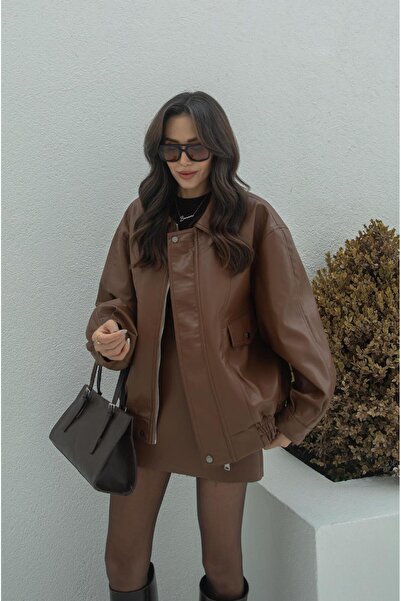 Havoş Δερμάτινο μπουφάν σε καφέ μεταλλικό κουμπί