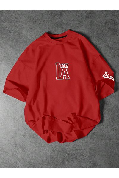 BukuriCO Men's Oversize T-Shirt with Los Angeles Print - Crew Neck, Sleeve Detail