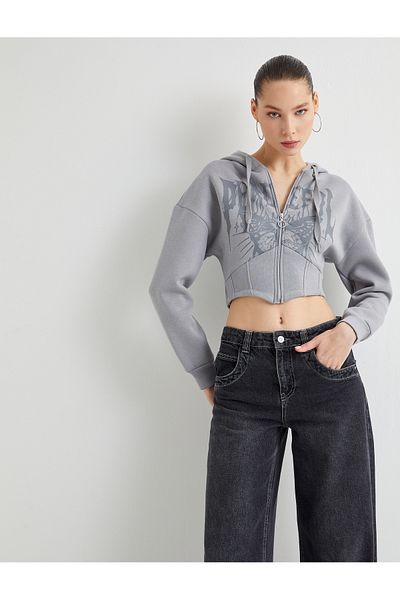 Koton Hooded Zippered Crop Sweatshirt - Printed Corset Look