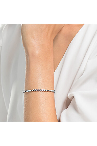 Swarovski Emily Tennis Bileklik, Yuvarlak Kesim, Beyaz, Rodyum Kaplama