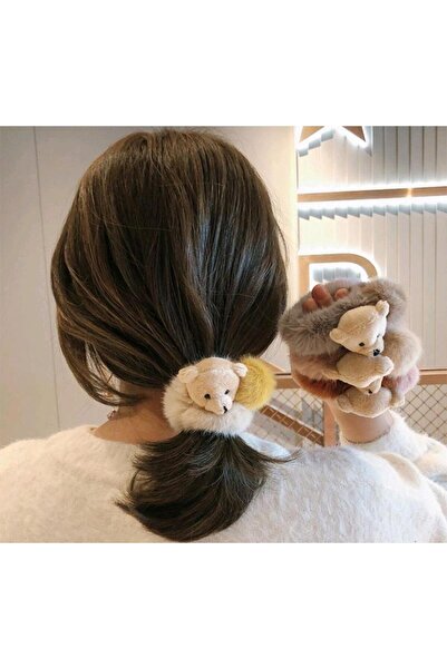 REBORN DESIGN Bej Renkli Ayıcık Figürlü Ponpon Detaylı Tüylü Peluş Simit Toka