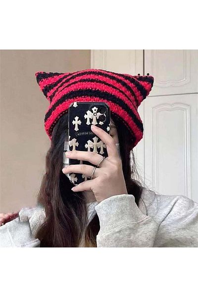 Köstebek Red Black Striped Horn Detailed Knitted Beret