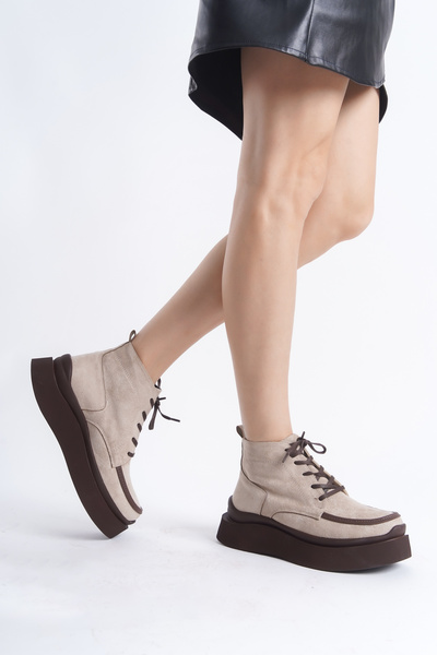 Lizzu Μπεζ καφέ γυναικείες φλατ μπότες - Lace-Up Design, Bacika