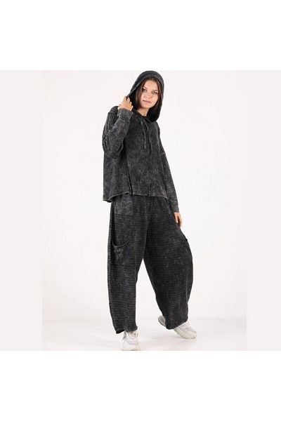 Sosyete Kaplumbağa Authentic Knitwear Bohemian Pocket Washed Black 100% Cotton Baggy Trousers Set