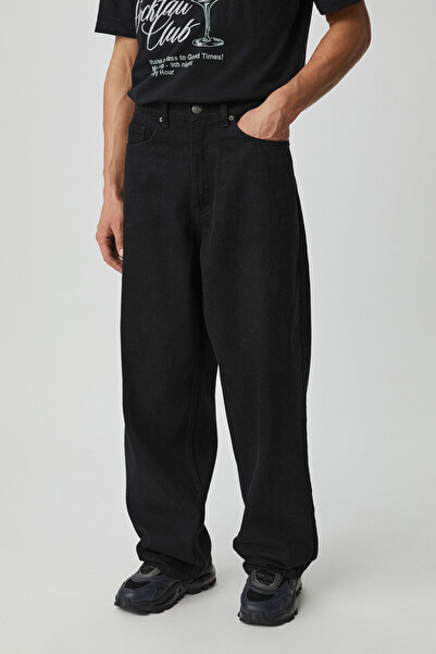 GRIMELANGE Mıkal Men's Baggy Wide Leg Thick Textured 100% Cotton High Quality Anthracite Jeans