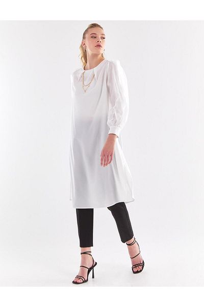 Kayra Ecru Tunic - Kyr Sleeves Chiffon Covered, Necklace