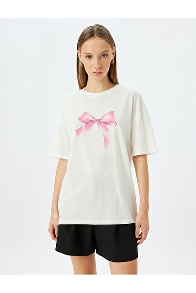 Koton Crew Neck Bow Printed Comfortable Fit Short Sleeve T-Shirt