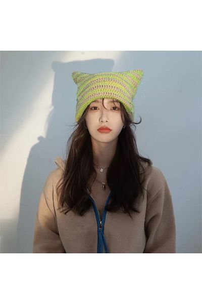 Köstebek New Beige Green Striped Horn Detailed Knitted Beret