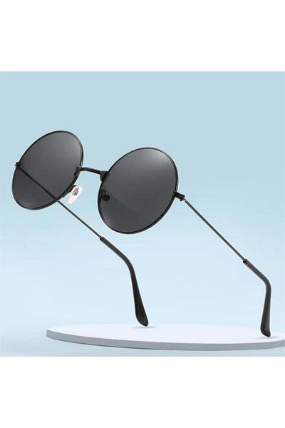 Köstebek Classic Round Sunglasses with Black Thin Frame and Black Lenses