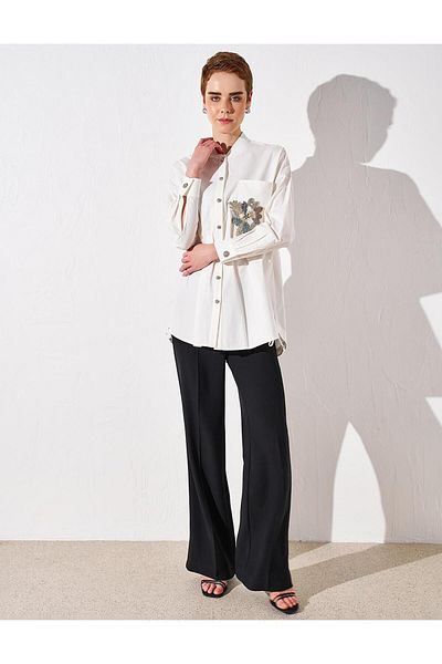Kayra Ecru Poplin Tunic - Stone Embroidered