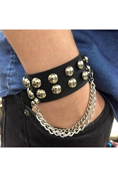 Köstebek Yuvarlak Metal Detaylı Zincirli Deri Bileklik