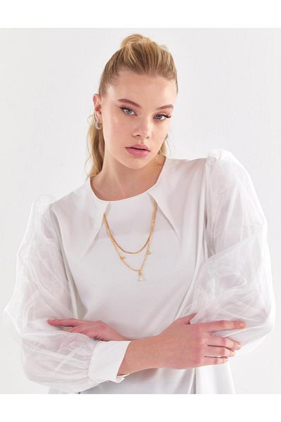 Kayra Ecru Tunic - Kyr Sleeves Chiffon Covered, Necklace